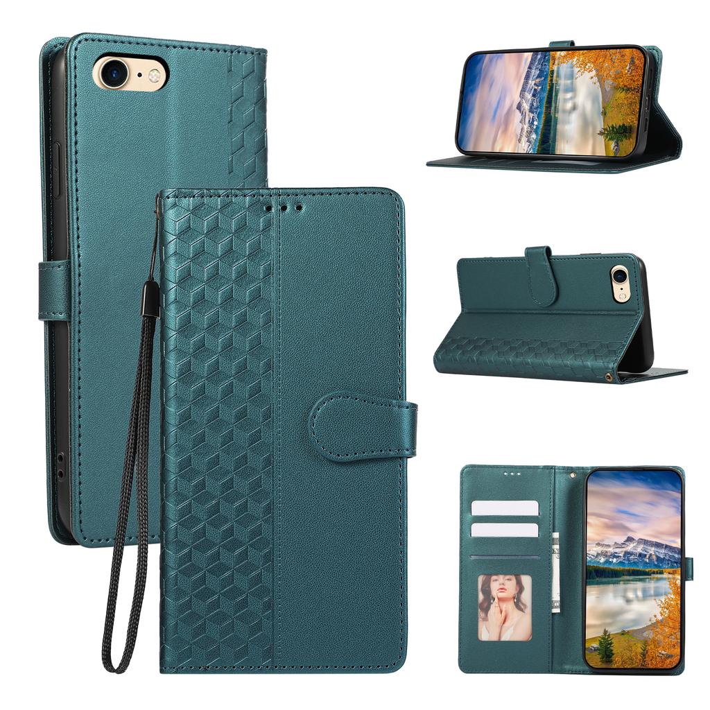 For iPhone 16e Case 3D Rhombus Grid Imprinted Wallet Leather Phone Cover with Lanyard