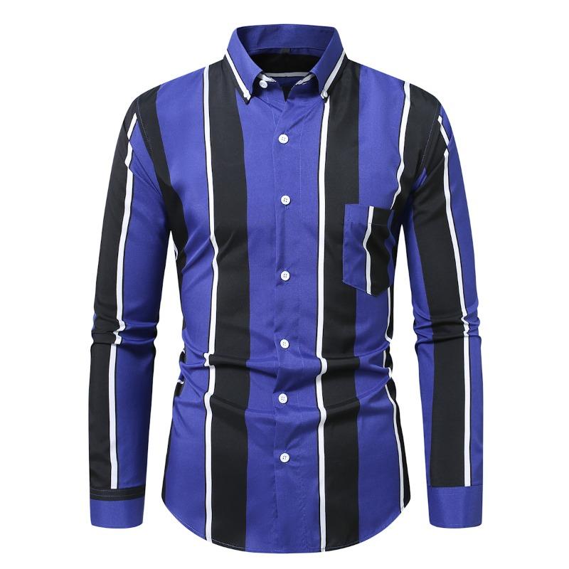 Men's Navy Blue Red Stripe Shirt Button Down Collar Long Sleeve Business Casual Shirt