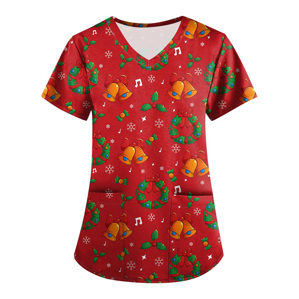 Plus SizePrinted Scrub Working Uniform Tops For Women's Cross V-Neck Print Short Sleeve Fun T-Shirts Workwear Tee With Pockets