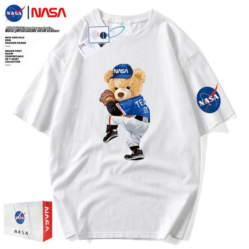 Men's NASA Co-branded Bear Print Crew Neck Cotton T-Shirt - Short Sleeve, Casual Streetwear, Plus Size Available
