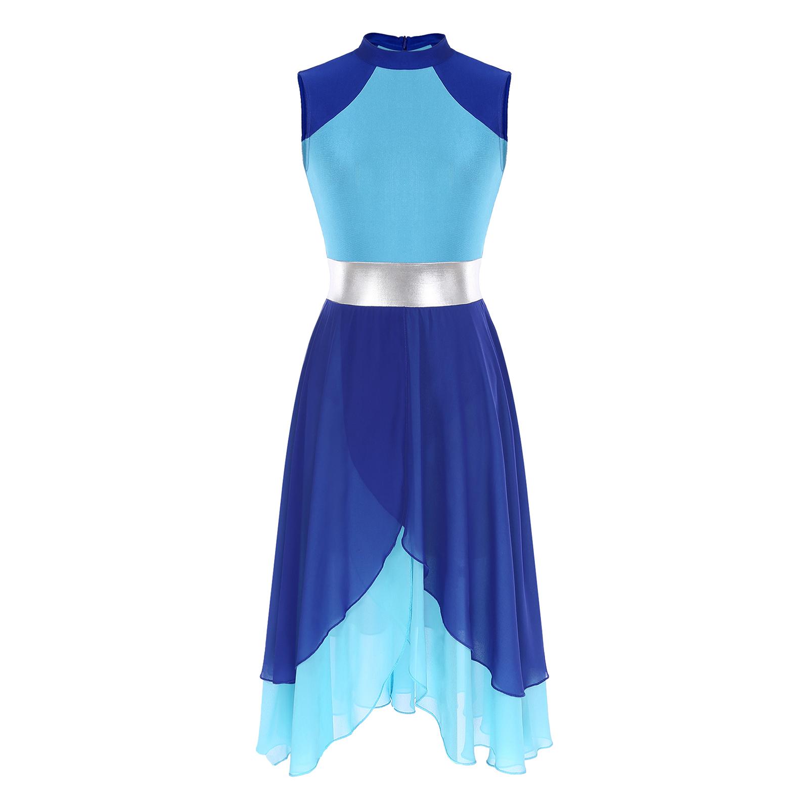 

Жіноча танцювальна сукня колор-блок без рукавів з дизайном під горло, розрізом та асиметричним подолом для виступів S синій