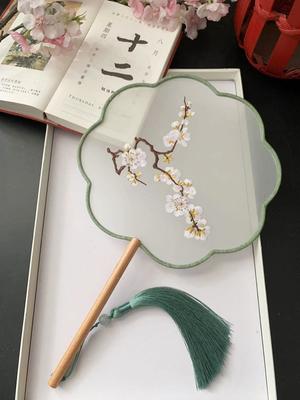 Chinese Traditional Art Embroidery Wooden Hand Fan, Classical, Ancient Dance Costume, Han Fu Cheongsam with Long Handle, Tasse
