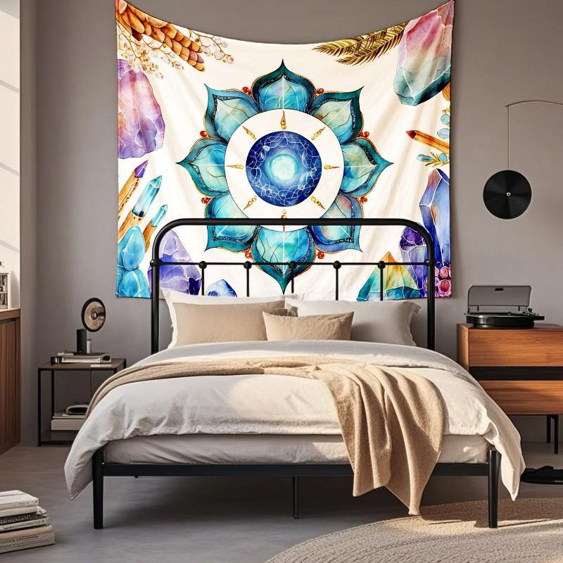 Boho Chic Wall Tapestry With Moon Phase Floral Starry Sky Design Bedroom Yoga Studio Decor