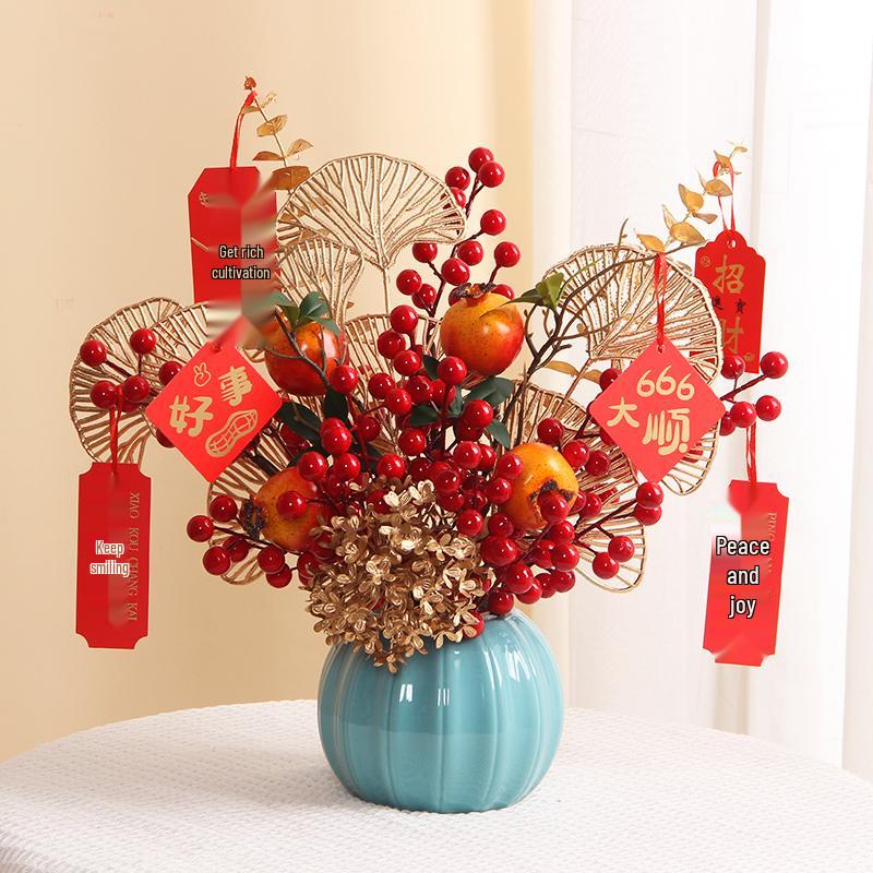 Luxurious Chinese-Style Pomegranate Fruit Arrangement: Faux Red Berries & Flowers for Living Room or Restaurant Decor