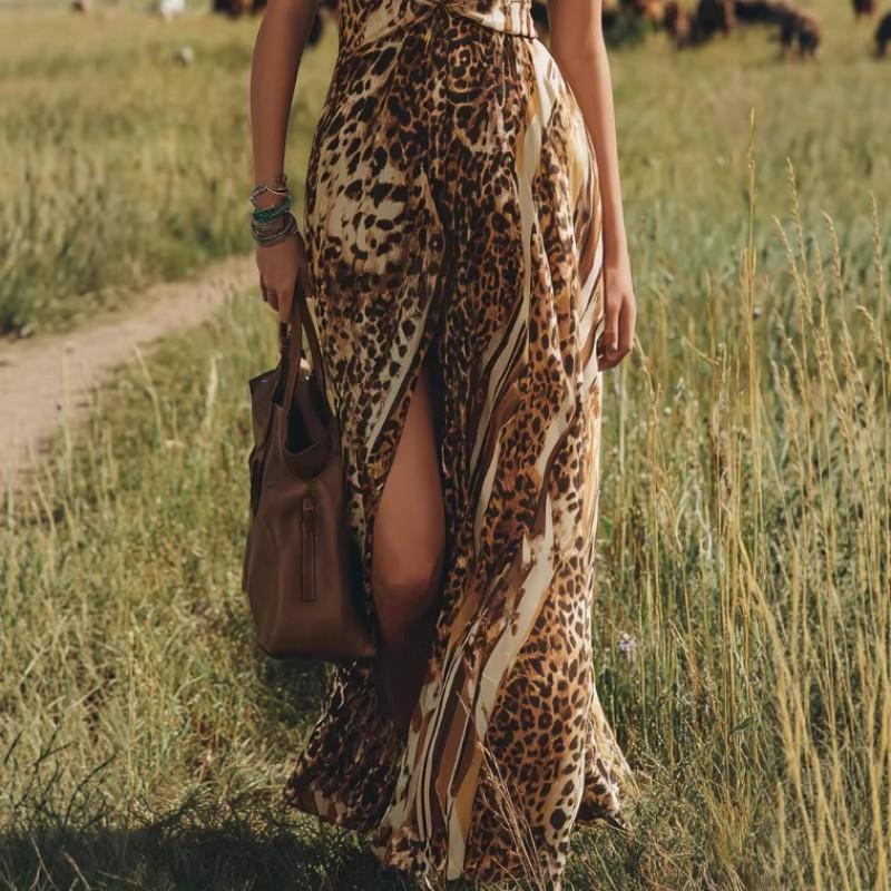 Sexy V-Neck Leopard Print Slit Maxi Dress High Waist Sleeveless Long