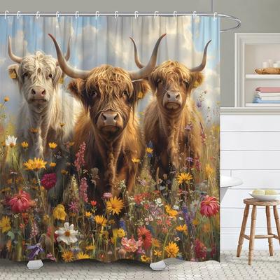 Lustiger Bauernhof Hochlandrind Duschvorhang Scheunenblume Pflanze Rustikal Sitzendes Rind im Fass Polyesterstoff Badezimmer Dekor Vorhang