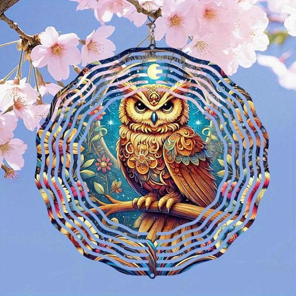 1pc Metal Mandala Wind Chime with Owl & Floral Night Design - All-Season Outdoor/Indoor Hanging Decor for Gardenift