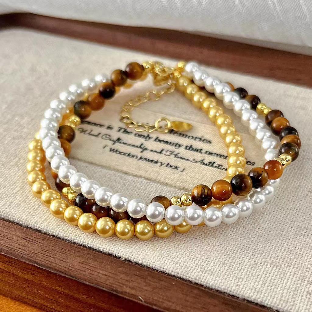 High Quality Maillard Style Natural Tiger'S Eye Stone Artificial High-Gloss Pearl Multi-Layer Bracelet Bracelet.