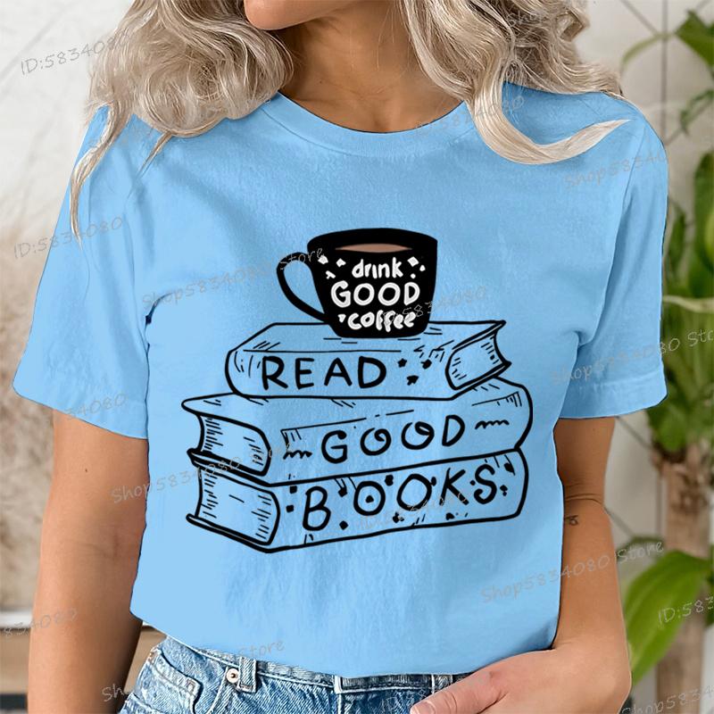 Casual Vintage Book Coffee T Shirt Women Trendy Bookish Short Sleeve Tshirt Book Lover Party Gift Coffee Lover Summer Clothes