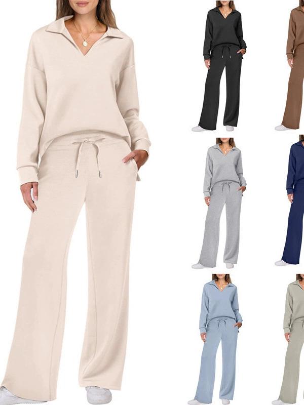 

Loose V-Neck Long-Sleeve Top with Drawstring Waist & Flared Pants Two-Piece Set Extra Small