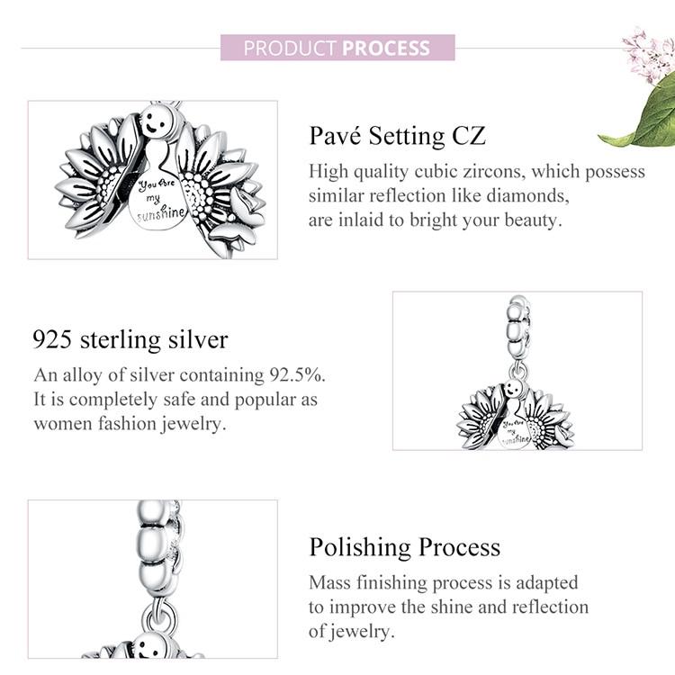 WOSTU Ekte 925 sterlingsølv solsikkeperler dingler sjarmfitting originalt armbånd halskjede anheng mote DIY smykker