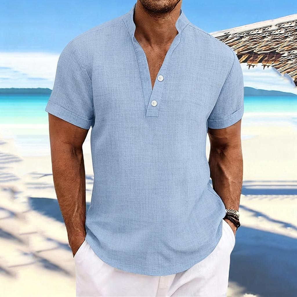 Men's Stand-up Collar, Half-open Jacket, Linen Short-sleeved Shirt