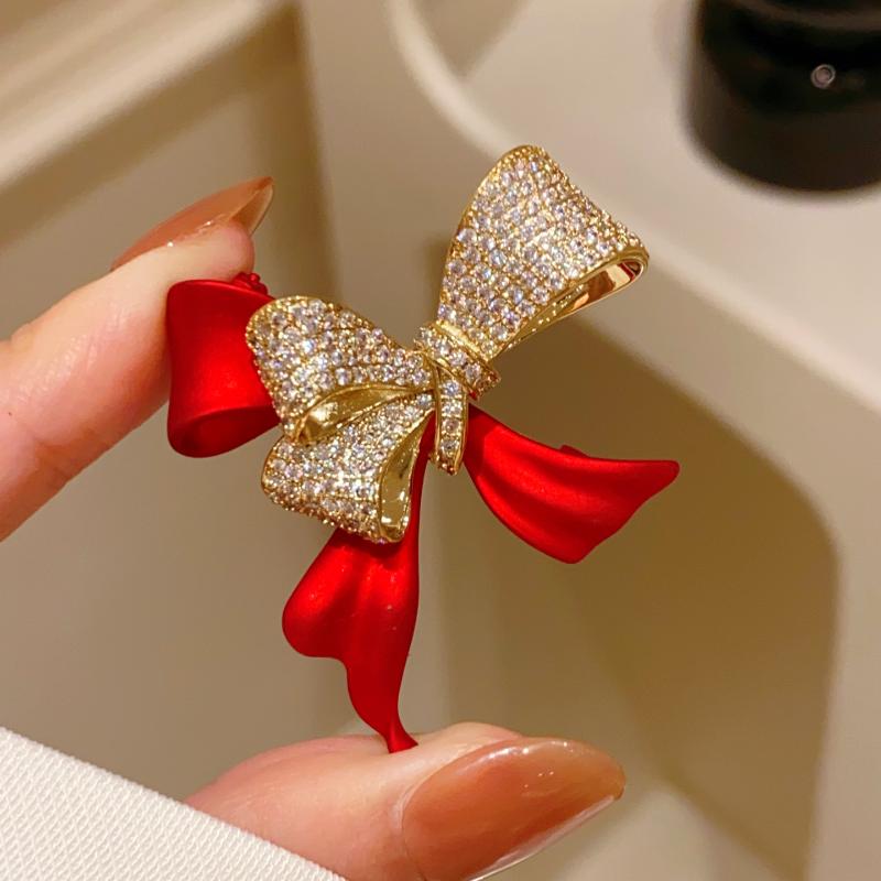 Fashion Rhinestone Red Bow Brooches For Women Clothing Coat Party Jewelry Accessries Gifts
