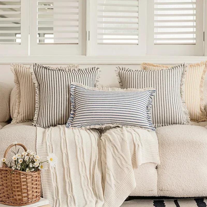Ramie Cushion Cover with Tassels Euro Flax Decorative Throw Pillow Cover Boho Shabby Chic Style for Couch Bed Home