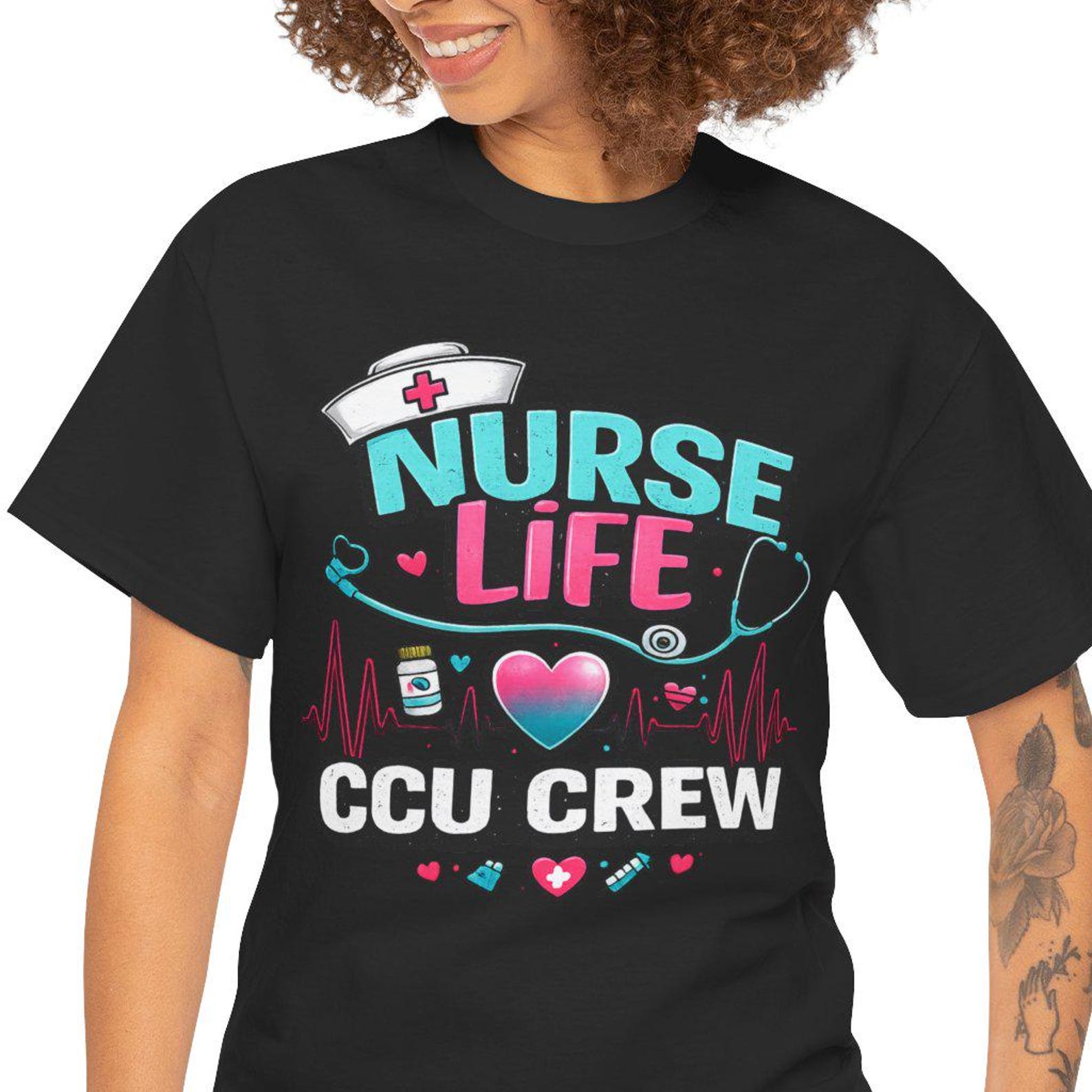 Nurse Life CCU Crew Tee | Cardiac Nurse Graphic T-Shirt, EKG Heart Design 3XL