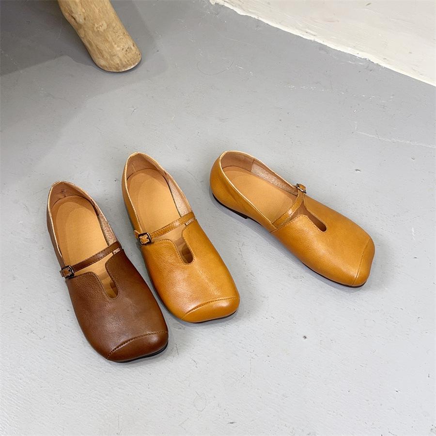 Johnature Square Toe Belt Buckle Soft Soled Shoes Genuine Leather Commuting Shallow Women's Flat Shoes
