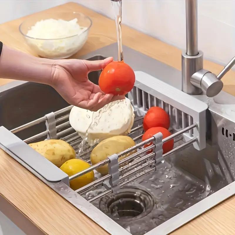 Adjustable 304 Stainless Steel Sink Drain Basket Drain Drying Rack Multifunctional Storage Rack for Kitchen Dish Vegetable Fruit