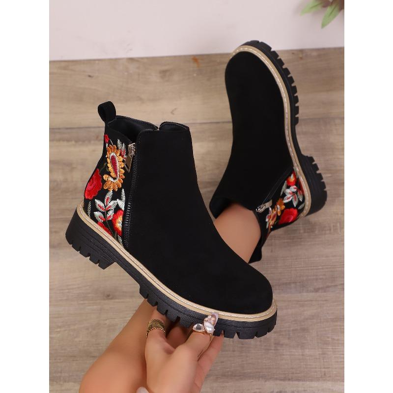 Winter 2025 Suede Print Booties Women's Plus Size Side Zipper Vintage Round Toe Muffin Martin Boots