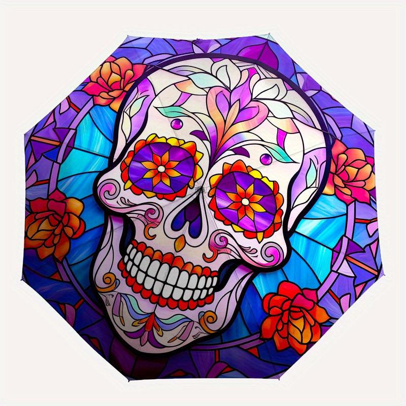 Colorful Sugar Skull Stained Wall Art DecorUmbrella, Portable 3-Fold Compact Umbrella for Men & Women Gift