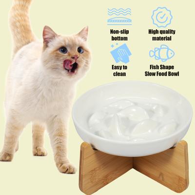 Gamelle surélevée pour chat Gamelles surélevées pour chat avec support en bois Gamelle en céramique à alimentation lente Gamelle d'alimentation pour chat Anti-vomissements Gamelle pour nourriture pour chat Antidérapante
