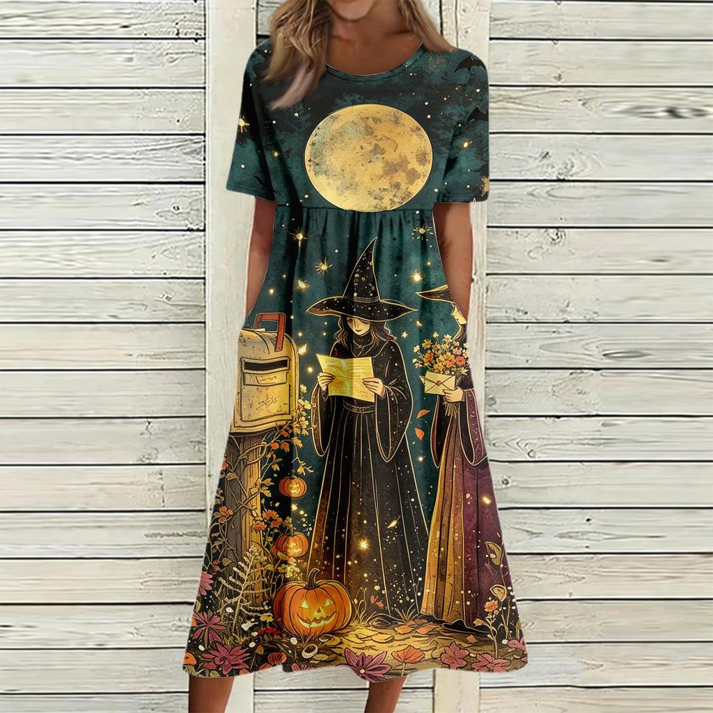 Women's Casual Halloween Print Round Neck Dress with Pockets for Festive Occasions