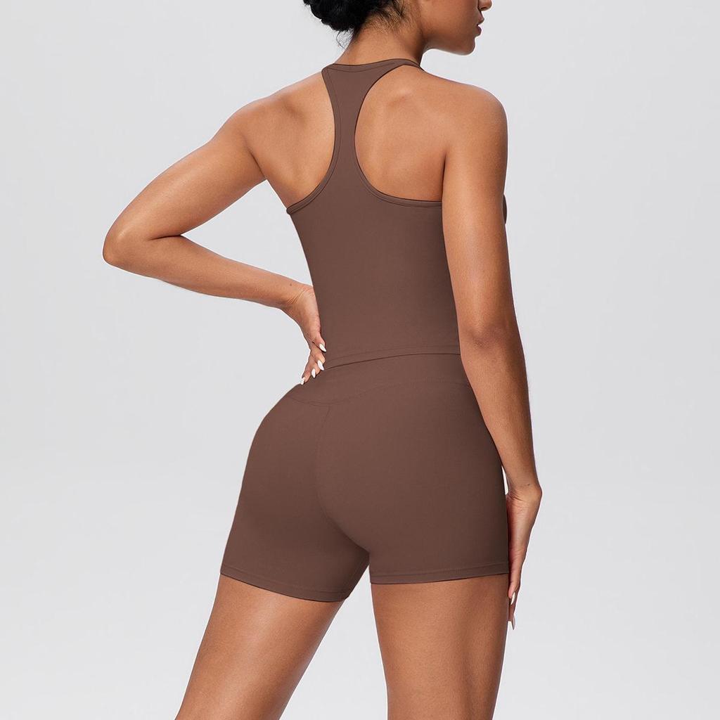 Set Yoga da Donna Transfrontaliero con Spalline Sottili, Vita Alta, Top che Scopre la Schiena e Pantaloncini Aderenti