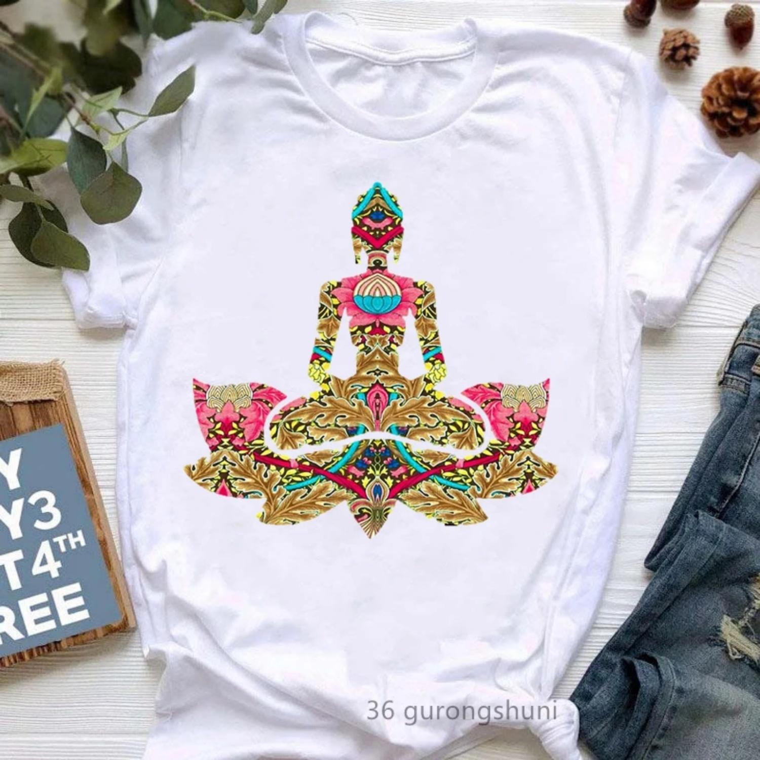 

2024 Hot Sale Colorful Meditation Print T Shirt Girls Summer Short Sleeve Tshirt Femme Buddha Chakra Yoga Women T-Shirt XXXXXL білий