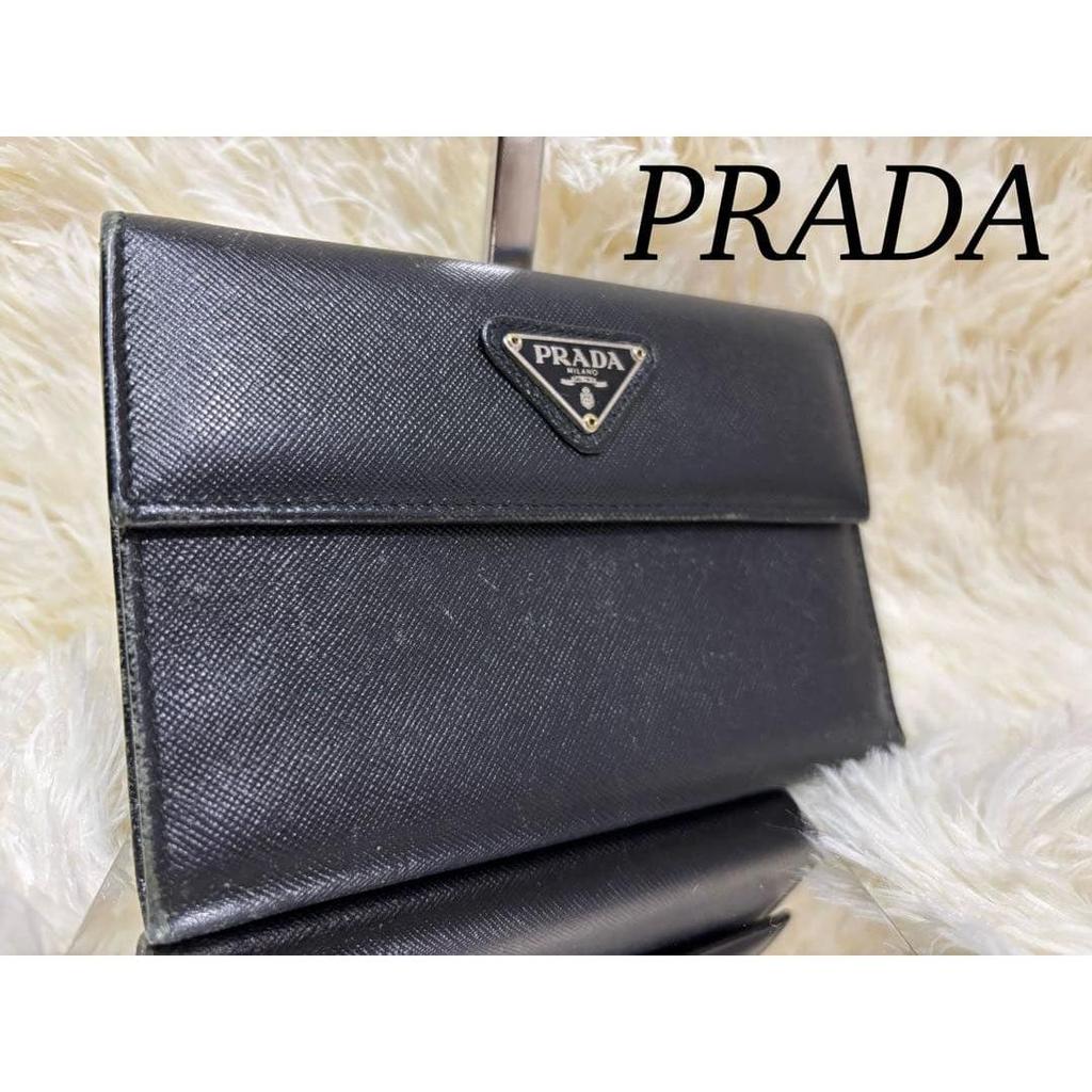 Used Excellent Condition PRADA Saffiano Tri-fold Wallet Black Triangle Logo