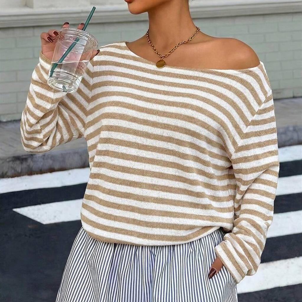 Damen Freizeit Gestreifter Strick Langarmshirt Lockerer Sitz Tief angesetzte Schultern Pullover Pullover Leichtes Weiches Stoff Oberteil für den Alltag