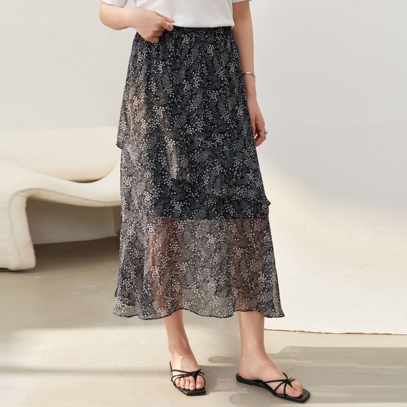 High Waist Summer Floral Chiffon  Skirt with Side Split and Ruffles