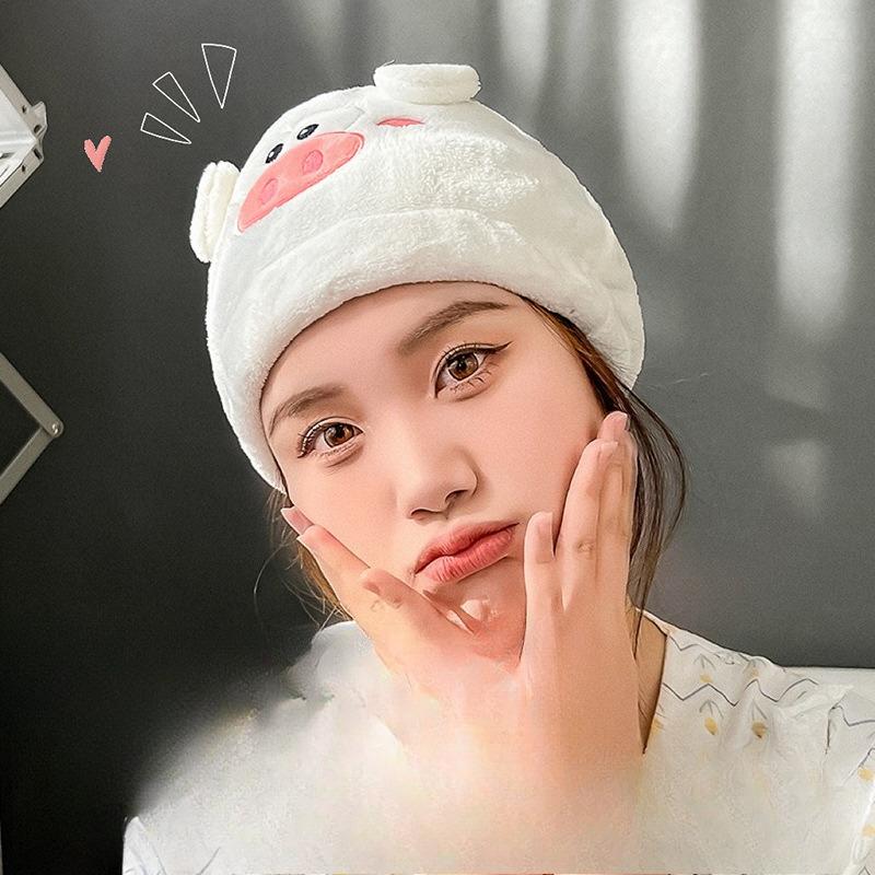 Cartoon Little Pig Qiao, Coral Velvet Princess Hat, Facial Embroidery Shower Cap, Water-absorbing Thickened Hair Cap for Girls