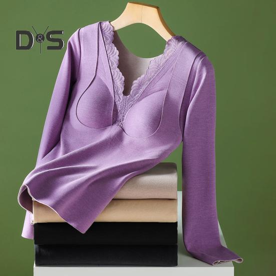 Thermo-Unterteile mit integrierten Brustpolstern. Doppellagige, warme DE-Samt-Langarmpullover-Oberteile, einfarbig, für den Winter, innen und außen