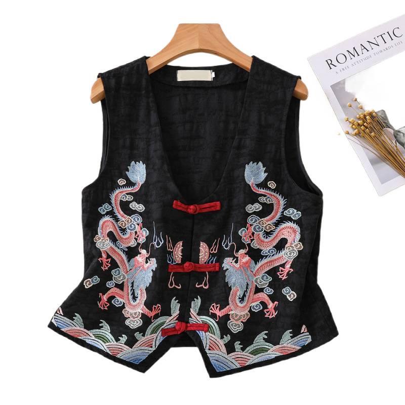 2026 Spring/Summer Retro Ethnic V-neck Embroidered Cotton Linen Sleeveless Vest for Women