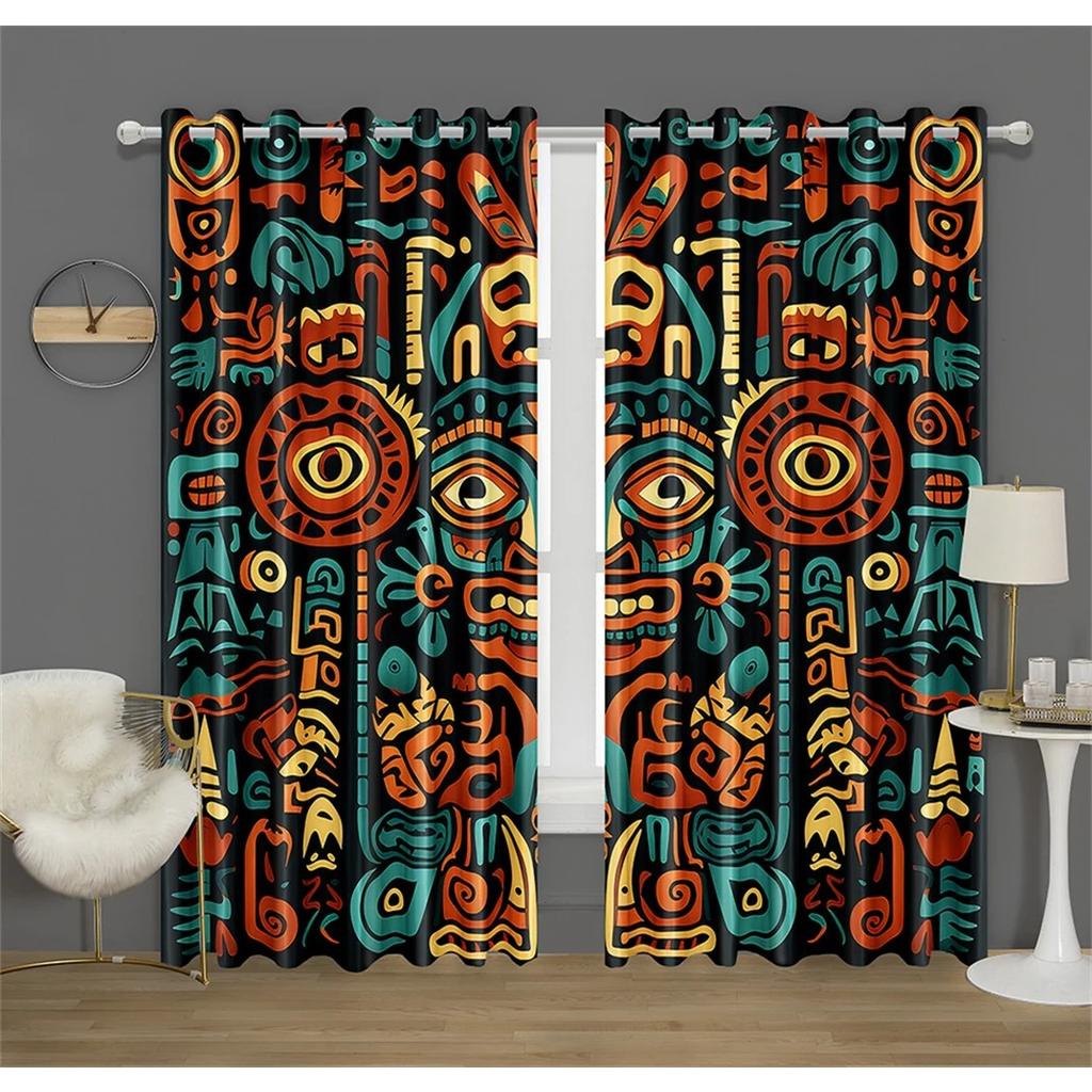 Metal Safe Cabinet Gate Aztec Pattern Curtain Fit Office Decor Bedroom Living Room Kitchen Balcony Window Decor 2 Panels