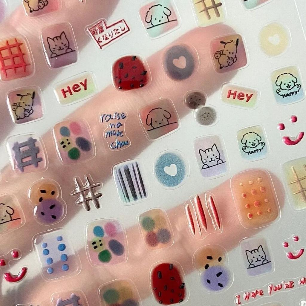 Summer Jelly Short Nail Stickers Cute Funny Scrapbooking Decals 3D Transparent Embossed Self Adhesive for DIY Nail Art