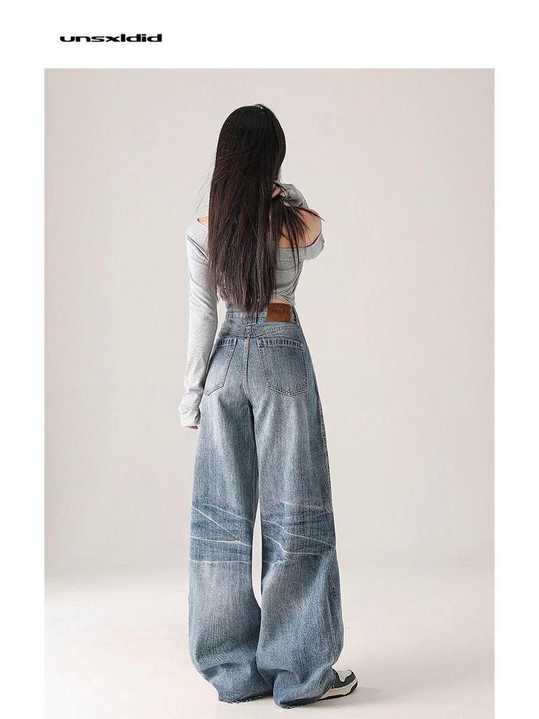 Retro Wide-Leg Floor-Length Jeans for Women - Light Blue, Washed, Versatile, Ideal for Autumn Commutes