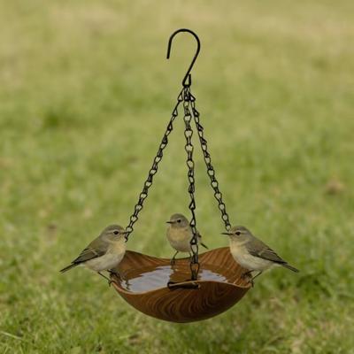 Hanging Bird Bath Imitation Wood Grain Plastic Bowl with Metal Chains Rustic Bird Bath Feeder Bowl for Multiple Birds Outdoor Garden Backyard Decor