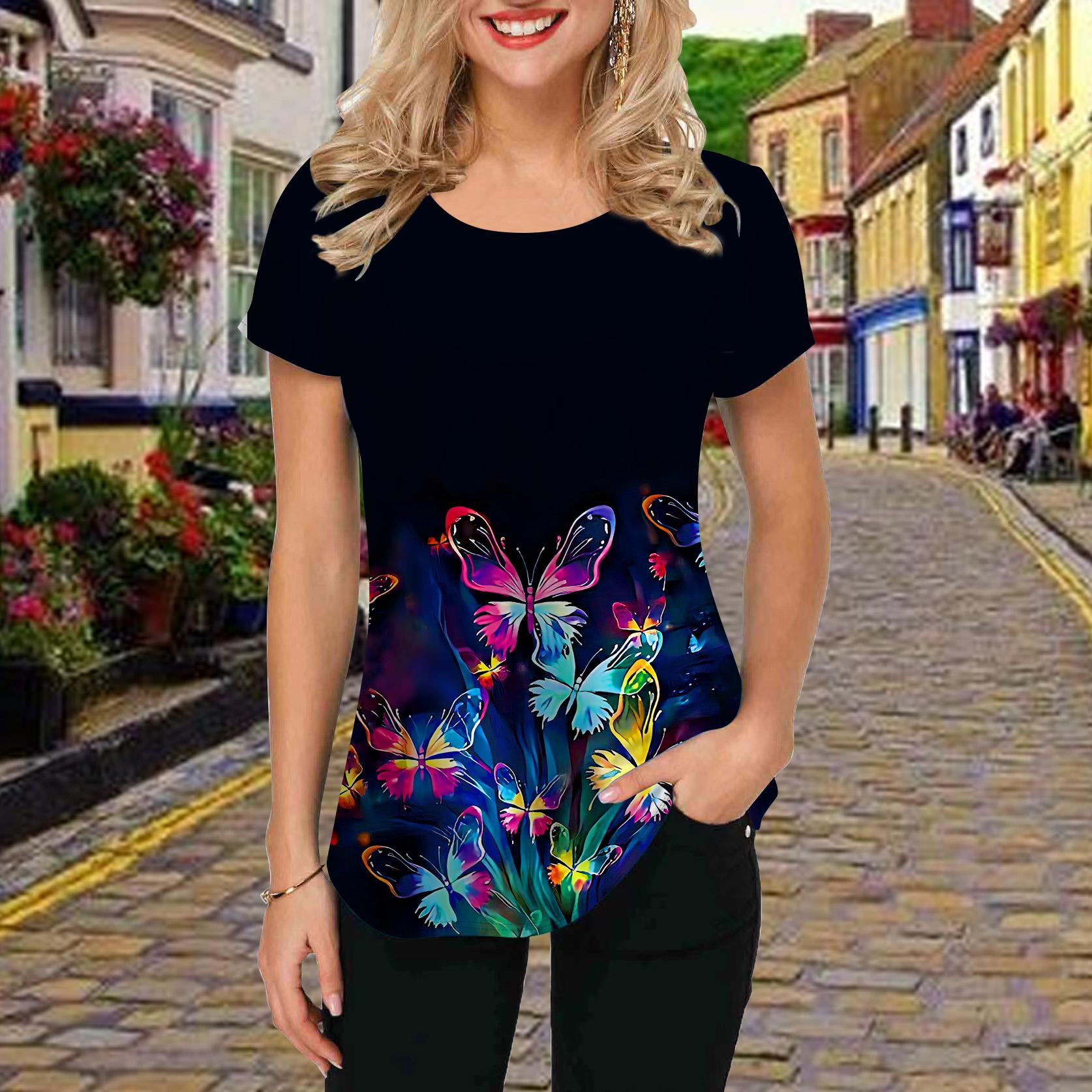 

Модная женская фиолетовая футболка с принтом бабочек, забавная повседневная футболка с круглым вырезом и короткими рукавами, летняя женская футболка 8XL разноцветный