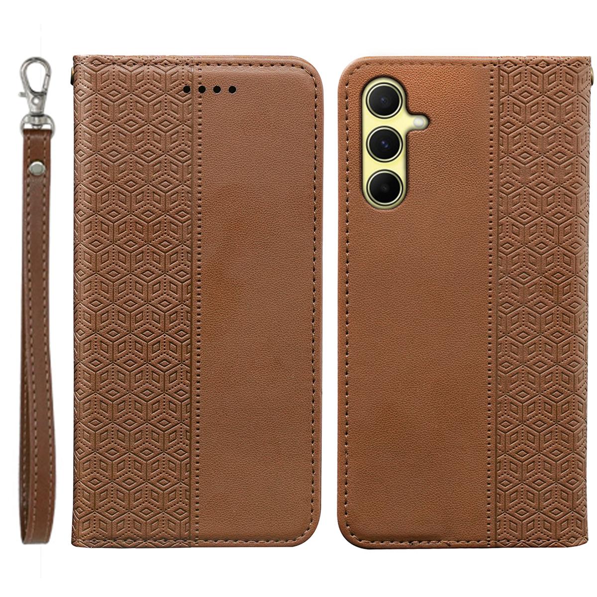 

For Samsung Galaxy A15 4G/5G Wallet Phone Case Strong Magnetic Checkered Pattern Imprint Leather Flip Cover Brown