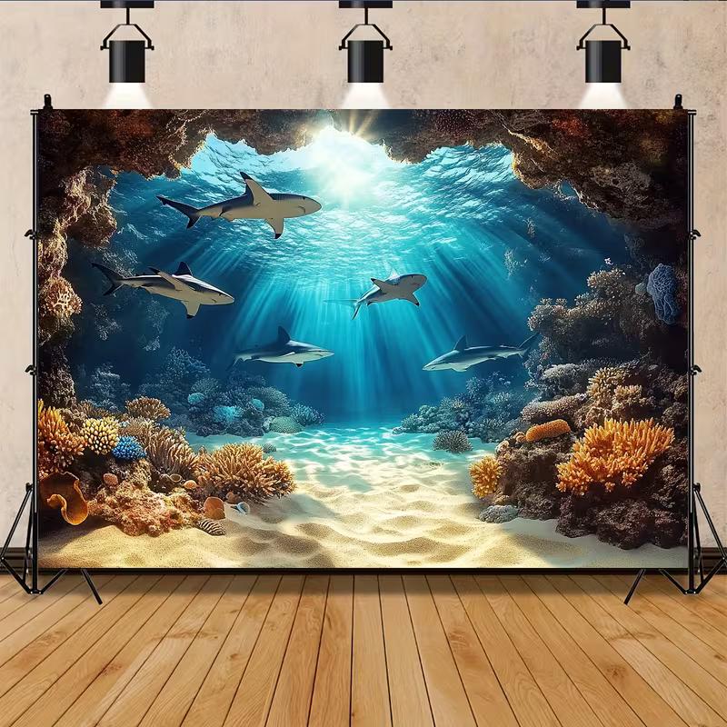 2D Underwater Shark Coral Reef Backdrop for Ocean Themed Party 47.2x31.5inch/120*80cm