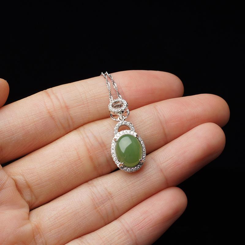 Vintage 925 Silver Hetian Jasper Cabochon Pendant Necklace with Certified Natural Green Jade