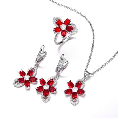 Red Zircon Necklace Earrings Flower Jewelry Pendant Flower Jewelry Set