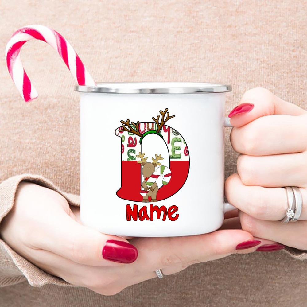 Personlized Reindeer Initial with Name Enamel Cups Christmas Hot Cocoa Chocolate Mug Drink Jiuce Mugs Christmas Gifts for Kids