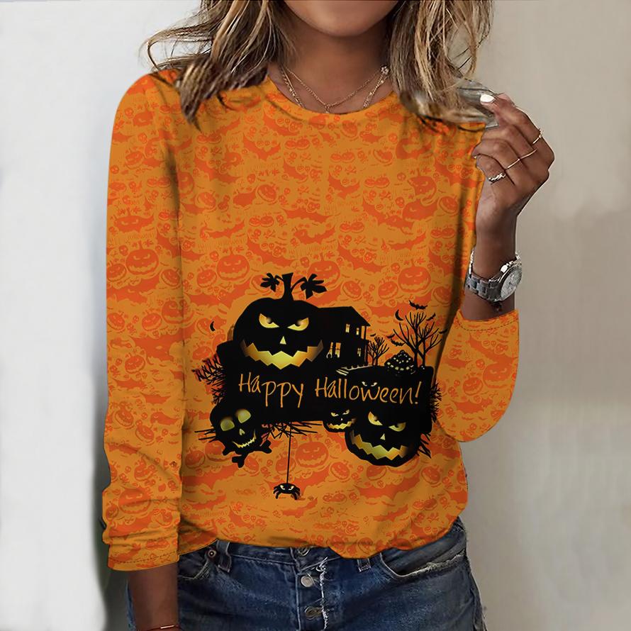 

2025 Autumn & Winter Women s New Casual Crew Neck Long Sleeve Top 3D Halloween Pattern Ideal Halloween Christmas Gift XS оранжевый