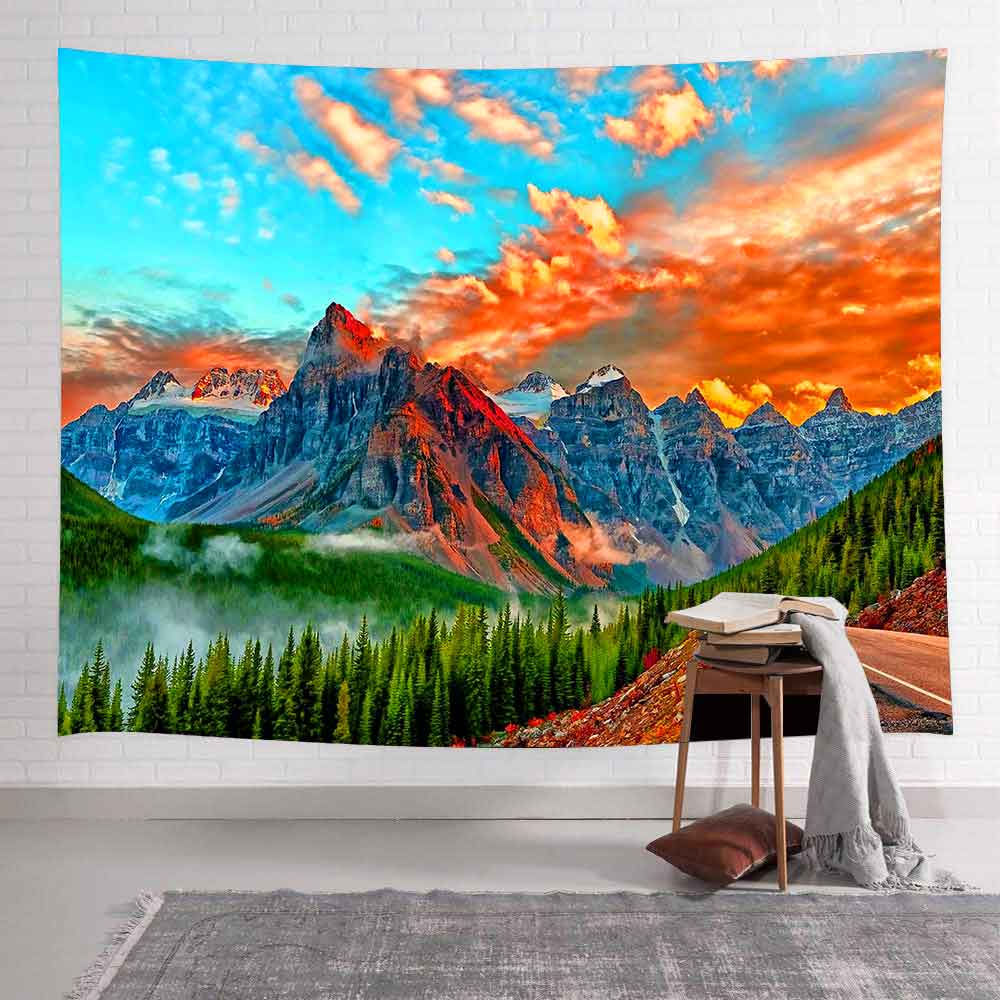 Mountain Red Sun Tapestry Forest Trees Natural Landscape Wall Hanging Beach Towel Room Aesthetic Decor Home