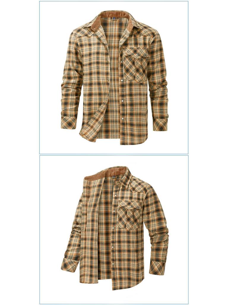 Autumn/Winter Denim Jacket with Turn-Down Collar and Flannel Plaid Shirt Coat