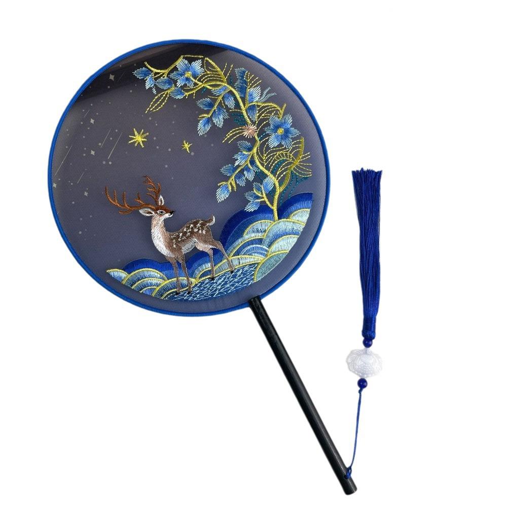 Chinese Style Double Sided Embroidery Fan Long Handle Vintage Hand Fan Dance Fan Party