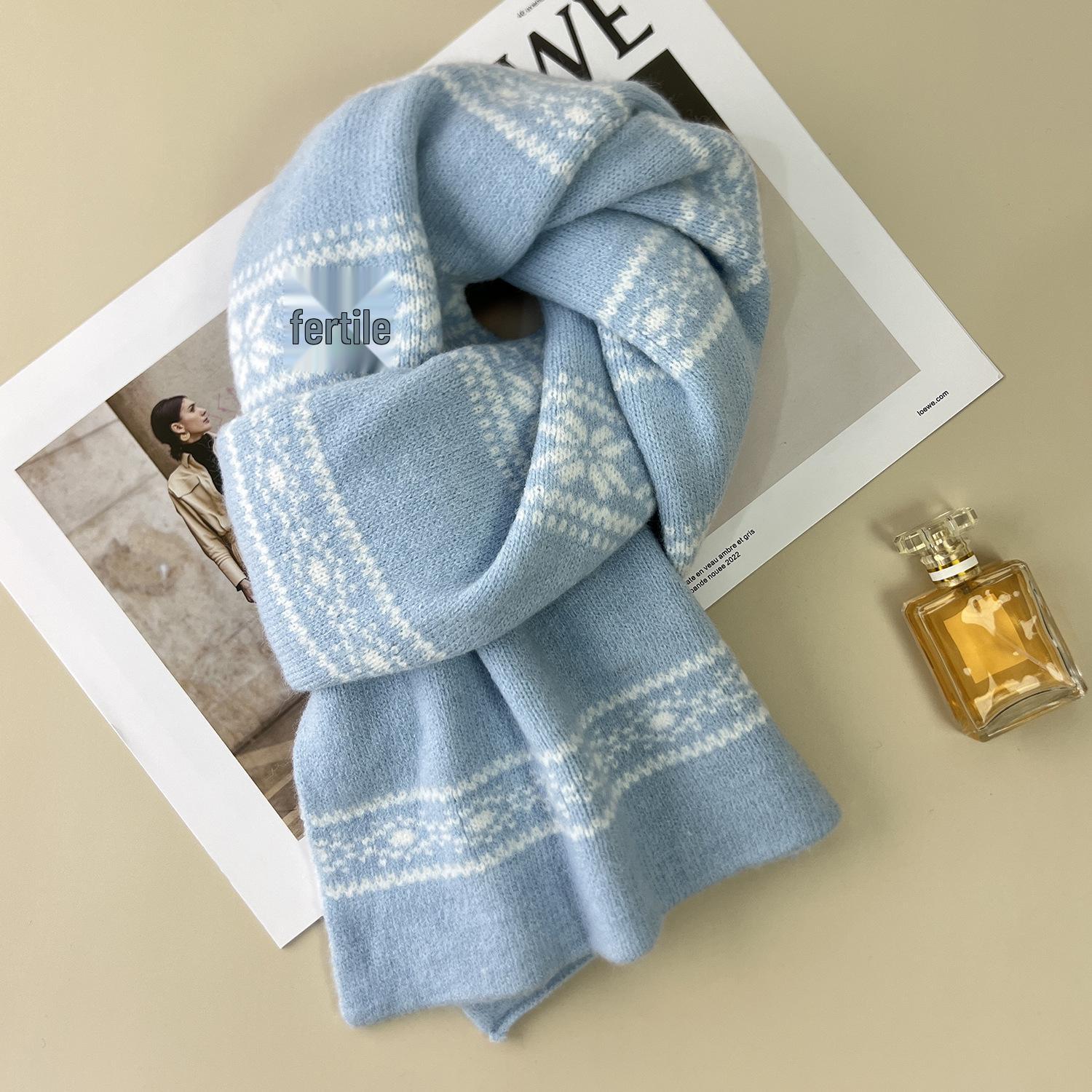

Korean Retro Fair Isle Wool Snood - Double-Sided, Cold-Proof Blue Scarf 165*30 CM небесно-голубой