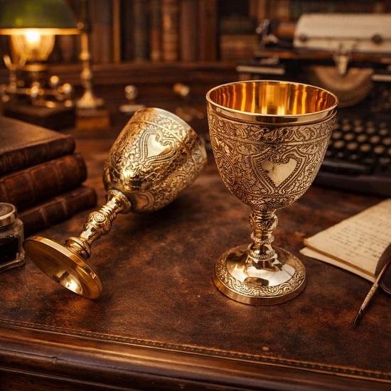 

Brass Gold Goblet King Arthurian Theme Engraved Chalice Wedding Anniversary Christmas Gifts SET OF 2