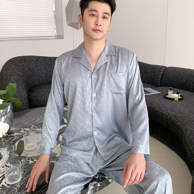 Ice Silk Men s Long Sleeve Pajamas - Luxurious Jacquard Design for Spring and Autumn L
